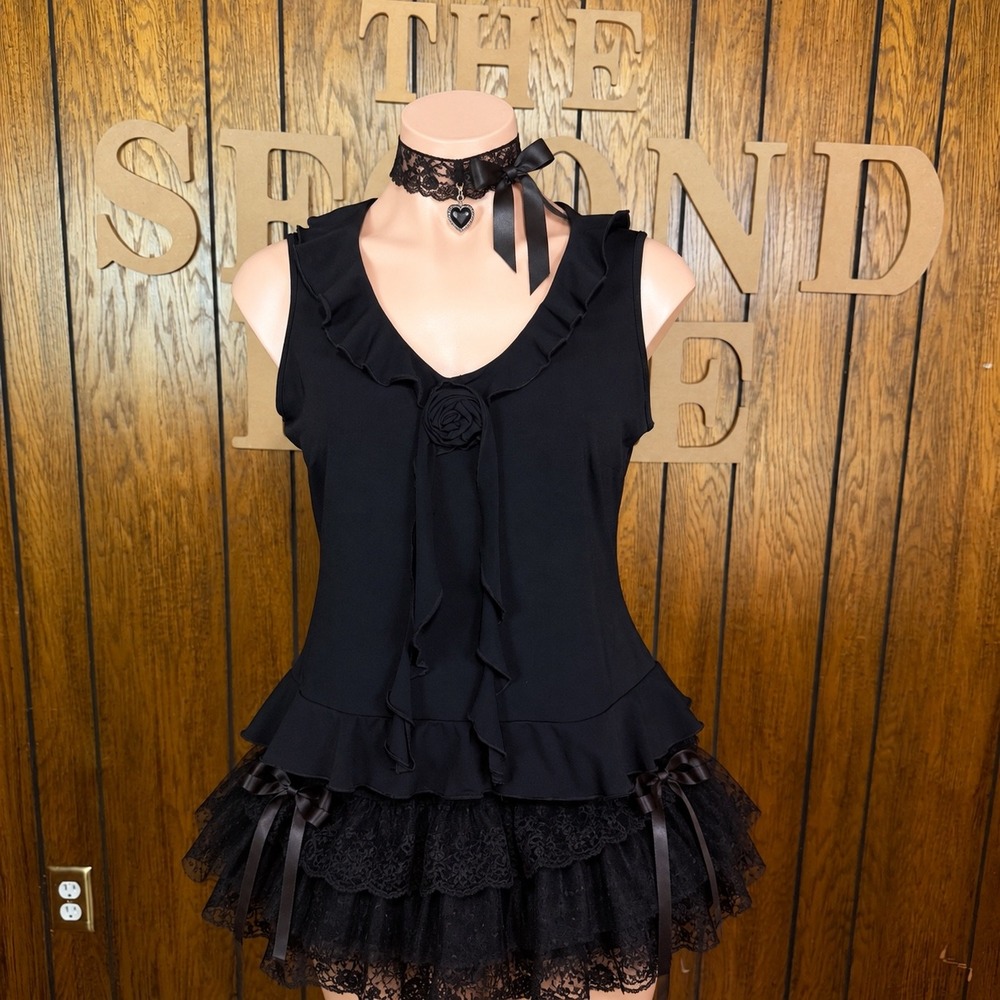 Y2K Black Ruffle Tank Top New York & Company Womens S Dark Coquette Whimsigoth